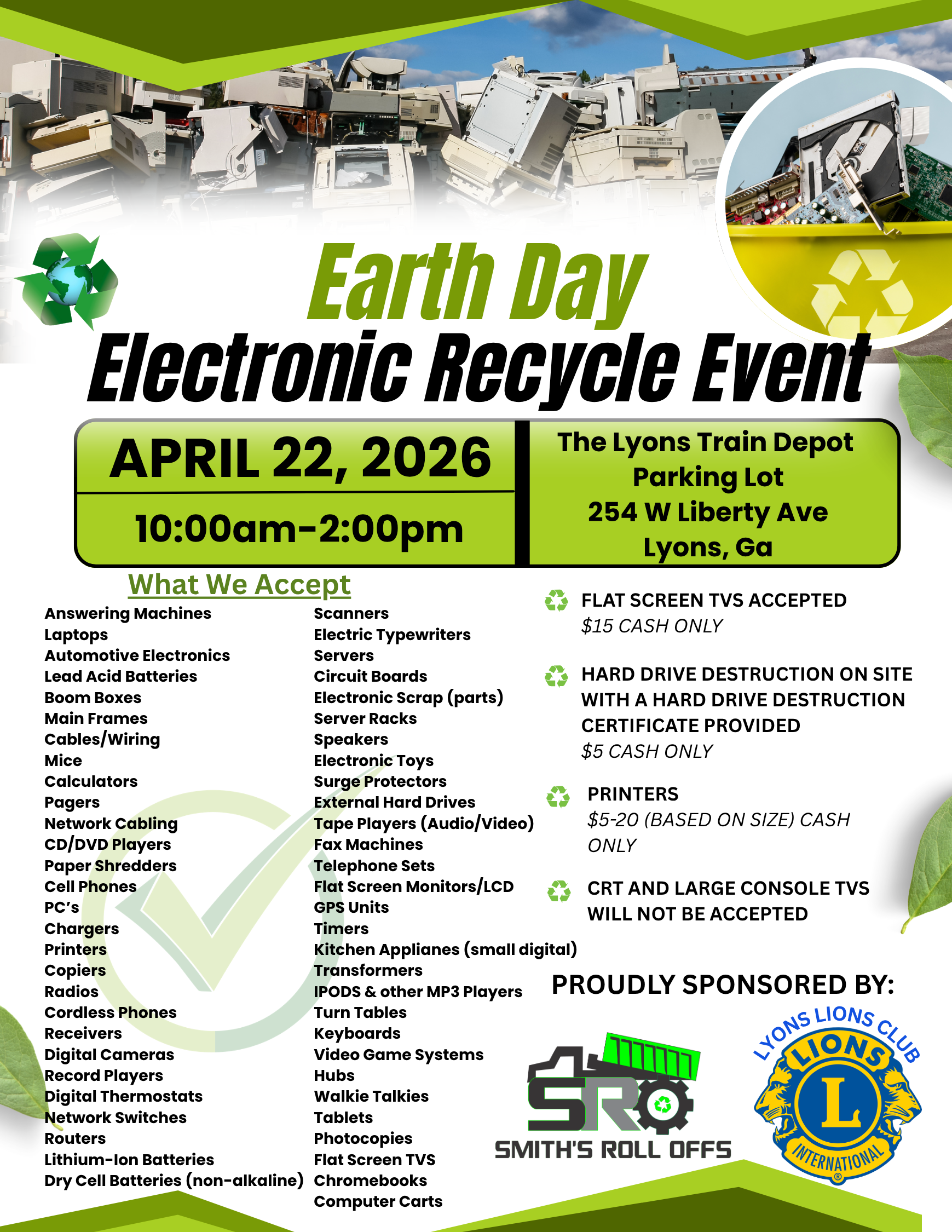 2026 Earth Day Flyer Smiths Roll Off and Lions Club