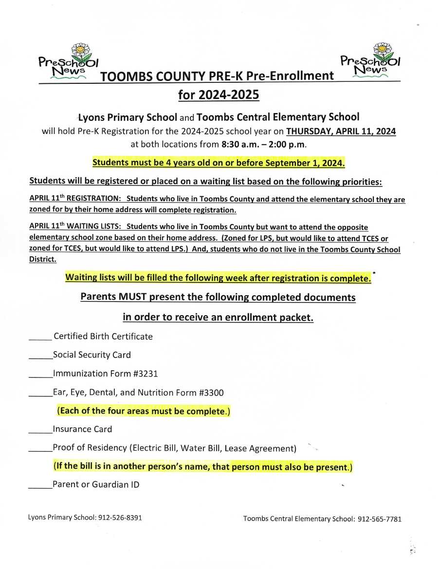 Toombs County Pre-K enrollment